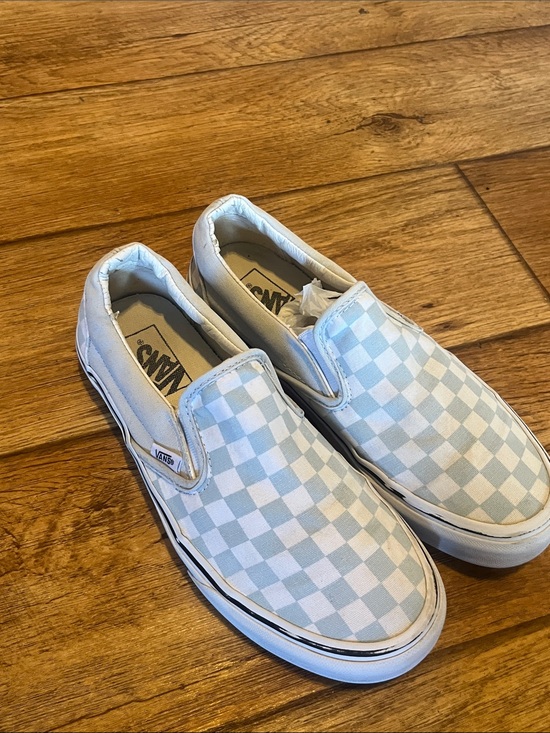 Vans Shoes - Vans Classic Slip-On Checkerboard Sneakers - Light Blue/White. Kids size 7.5